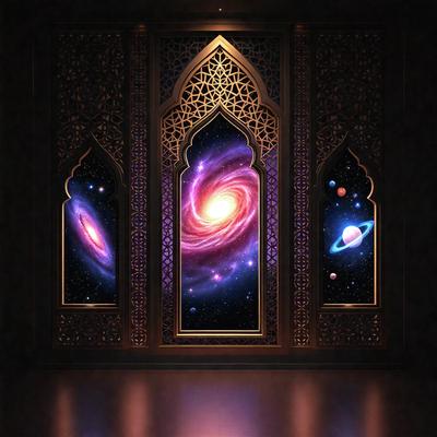 The primary subject of the image is a large, ornate window with a stained glass design. The window features a beautifully crafted scene of the universe, including planets, stars, and other celestial objects. The setting is a dark room, which contrasts with the vibrant colors and intricate details of the stained glass window. The visual style of the image is a combination of artistic craftsmanship and digital art, creating a unique and captivating representation of the universe. The colors and mood of the image are predominantly dark and dramatic, with the stained glass window serving as a striking focal point in the space.
